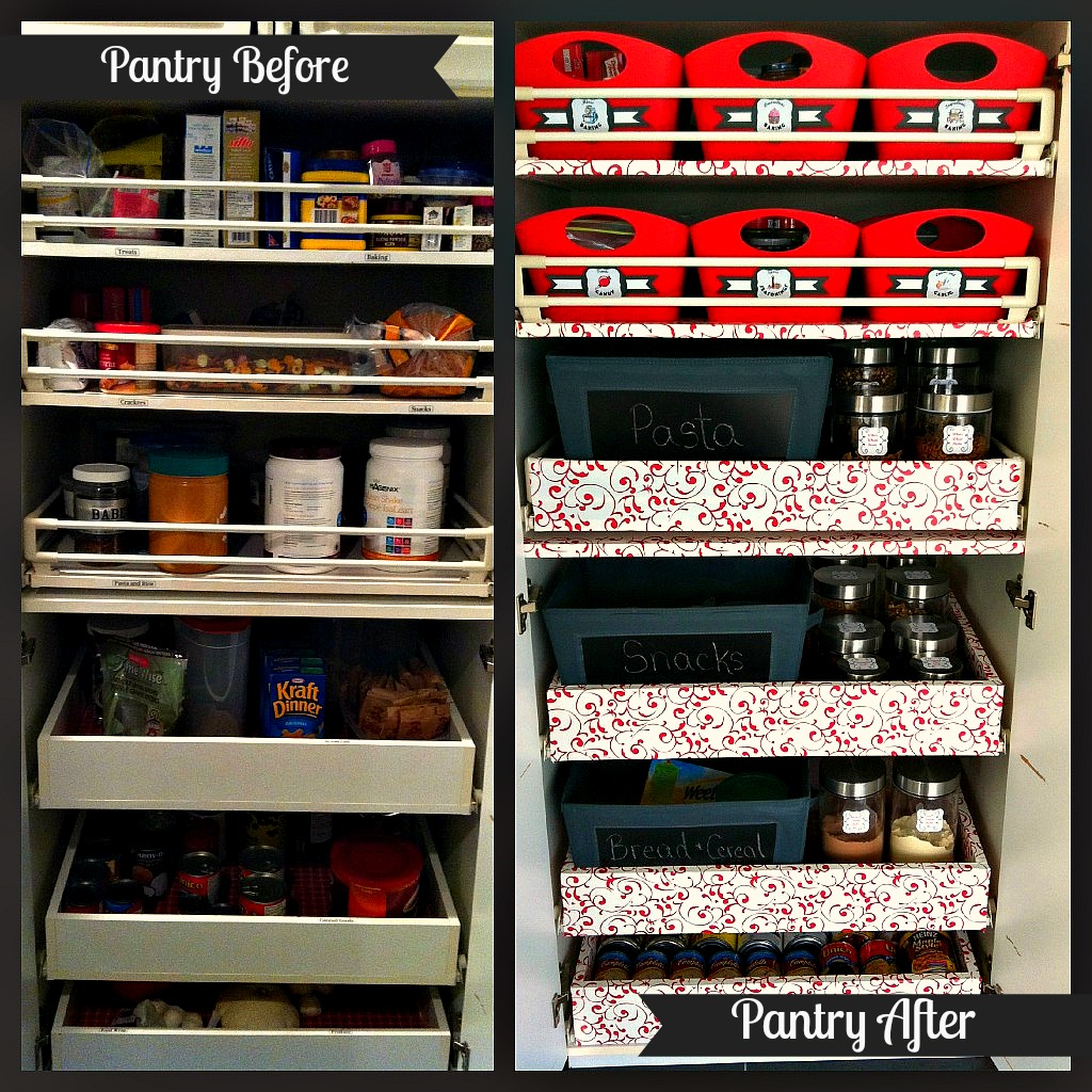 A stand up pantry cabinet before with items everywhere and after.