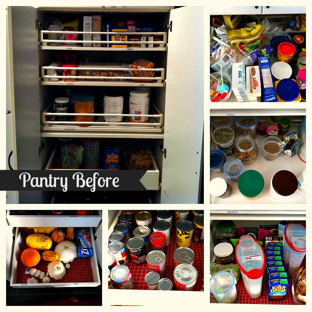 Before and after pictures of the organized pantry.