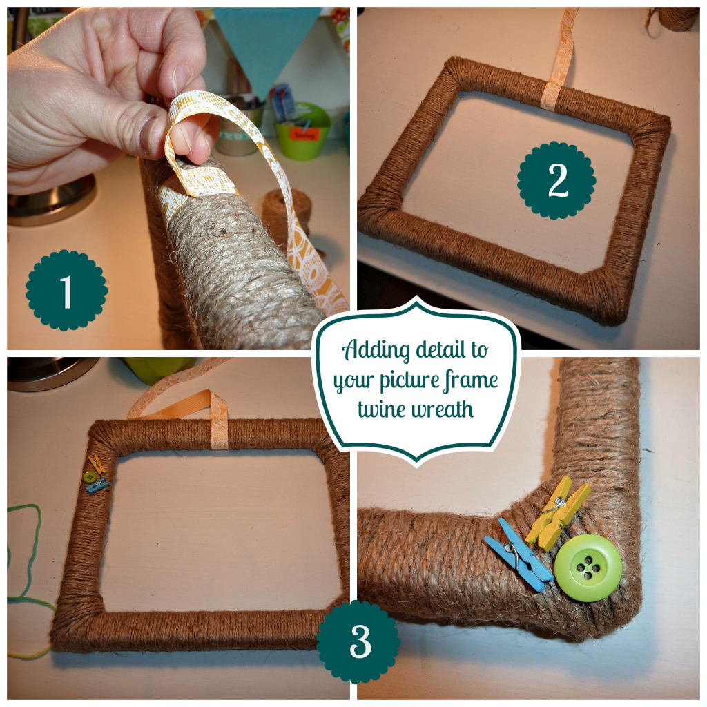 DIY picture frame twine wreath adding detail