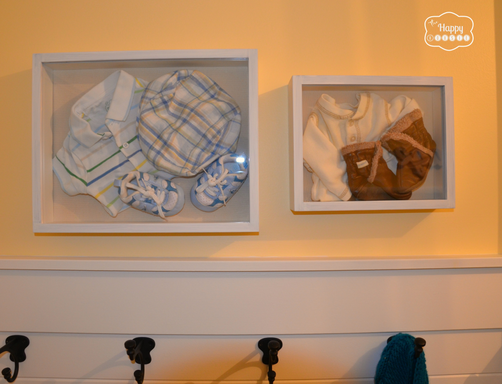 Laundry Mud Room after shadow boxes display baby clothing at thehappyhousie
