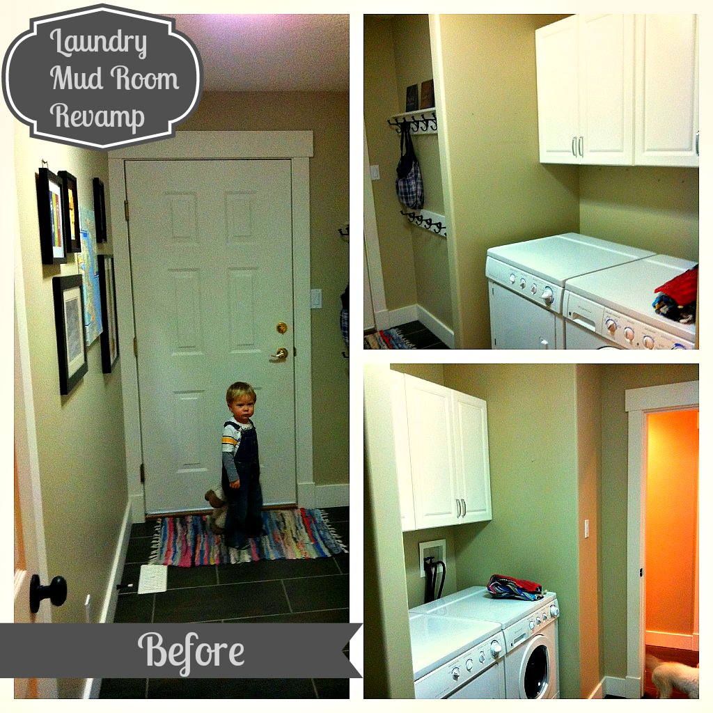 Laundry room before collage with a little boy by the door.