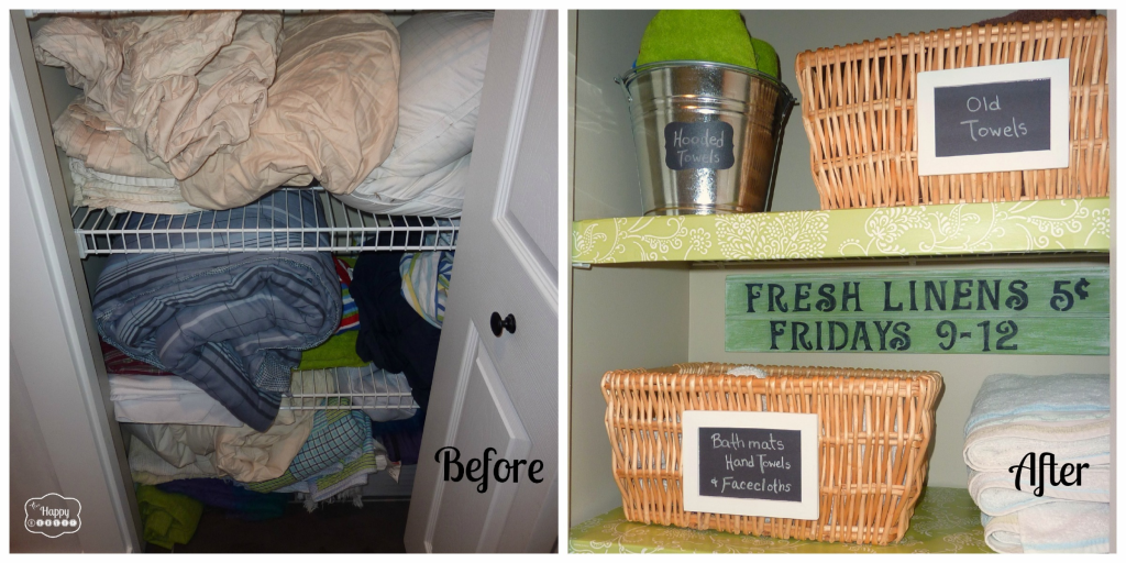 Organizing the linen closet before and after at thehappyhousie.