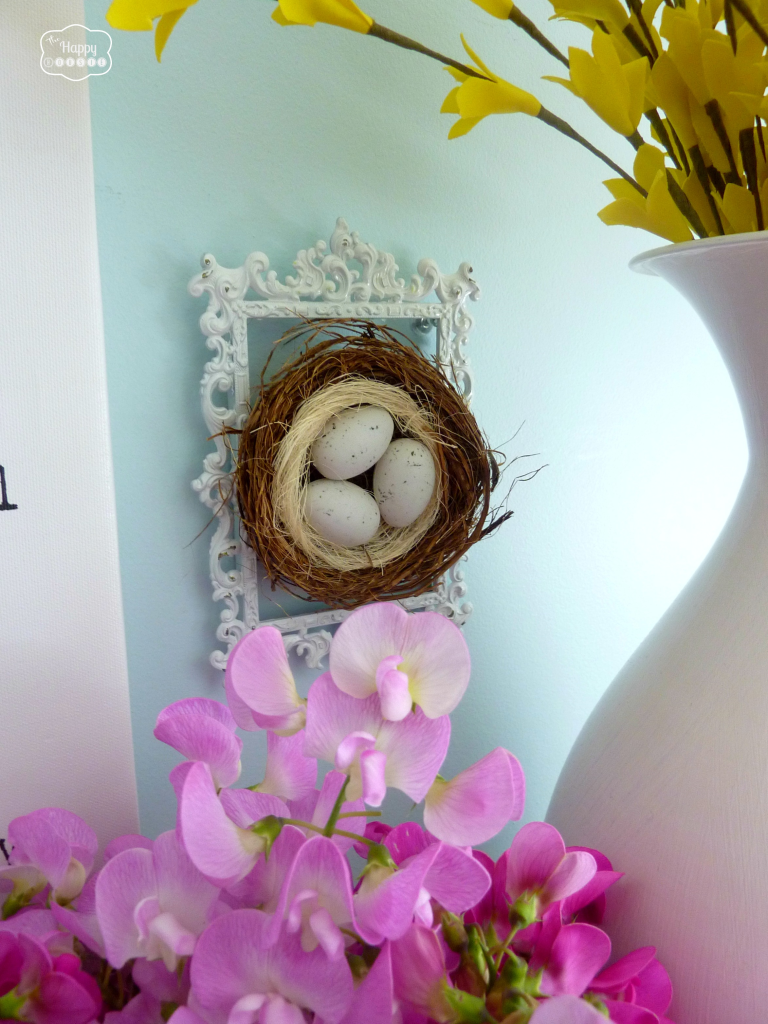 A framed birds nest with bird eggs.