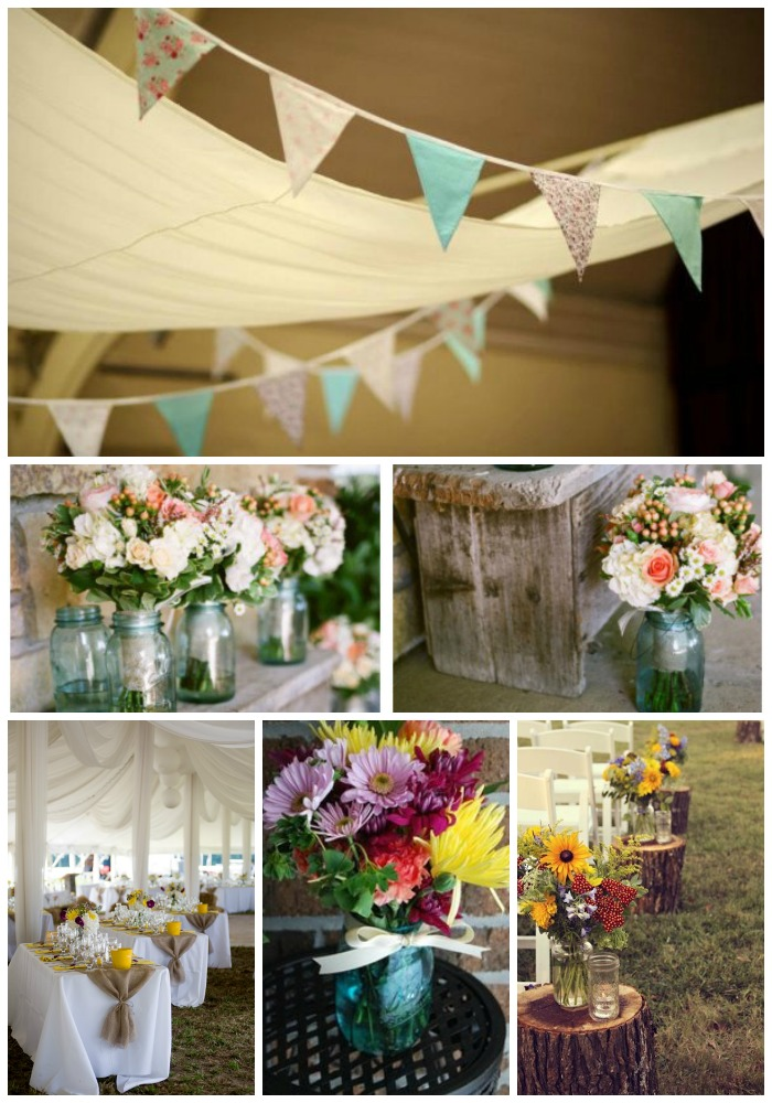 Vintage farm theme wedding inspiration with a banner, flowers in mason jars.