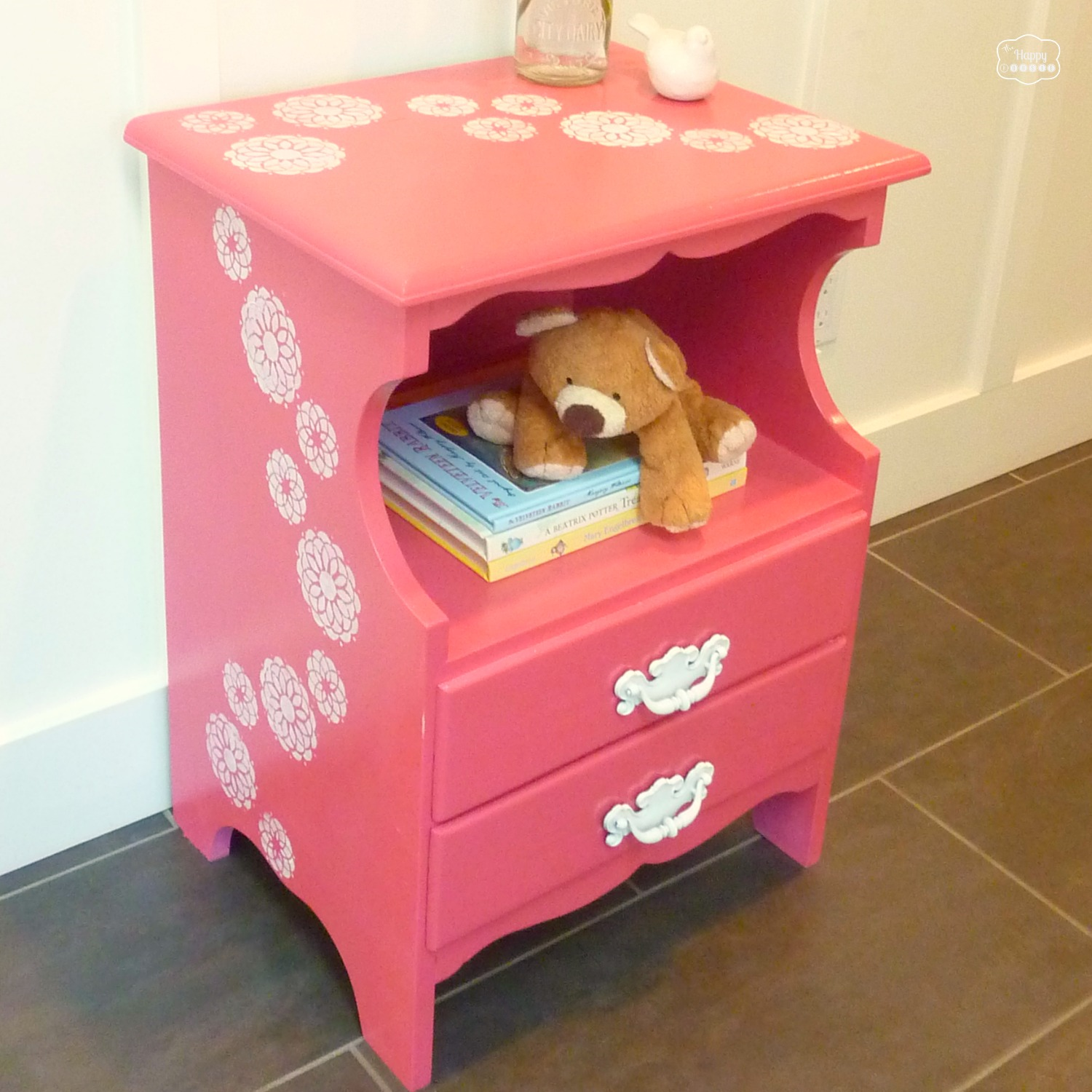 Coral Pink Nighstand with Sweeping Stenciled Flowers