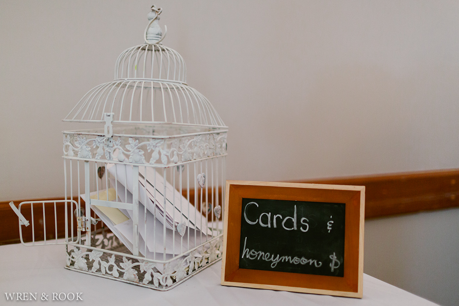 Cards you can write on and then put in the birdcage, plus donate money for the Honeymoon.