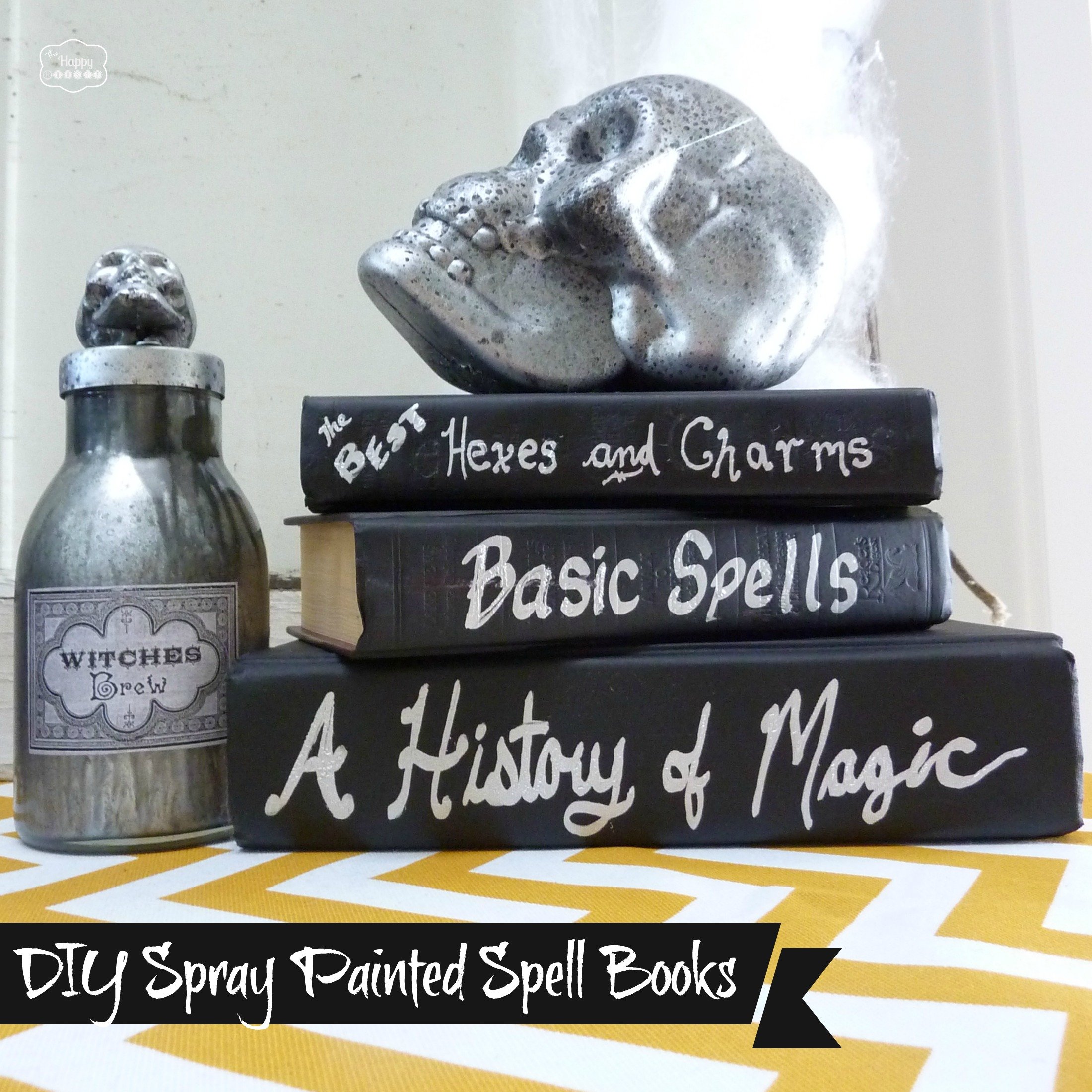 DIY Spray Painted Halloween Spell Books {and DIY Faux Mercury Glass Potion Bottles at Uncommon Designs}