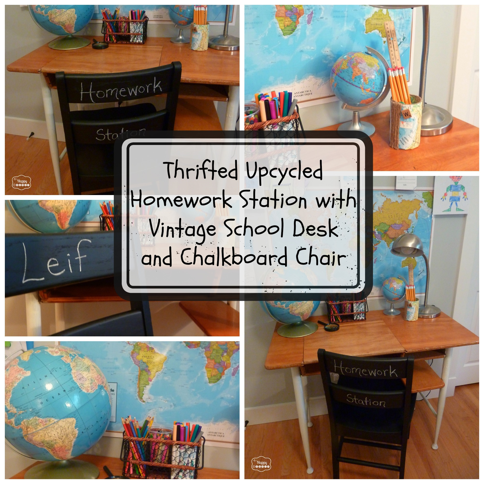 Thrifted Upcycled Homework Station with a Vintage School Desk and Faux Chalkboard Chair