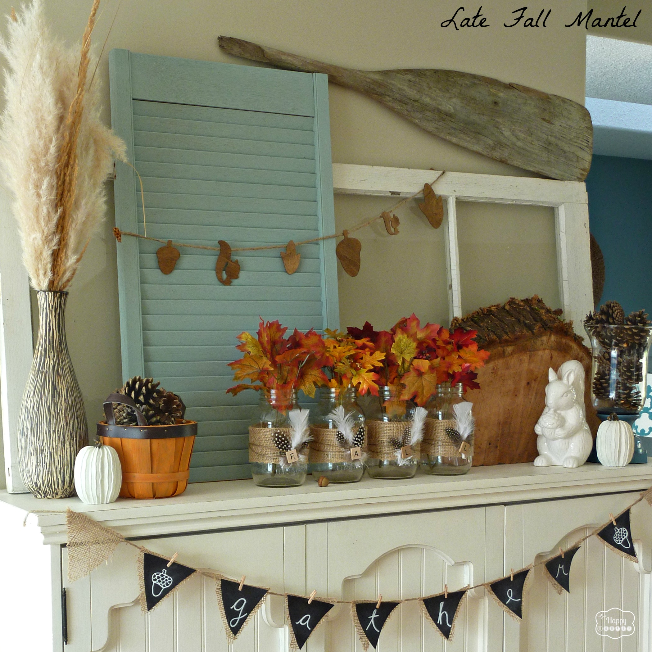 Late Fall Mantel with DIY Burlap & Feather Wrapped Mason Jars
