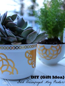 DIY Gift Idea Gold Decoupaged Mug Planters.