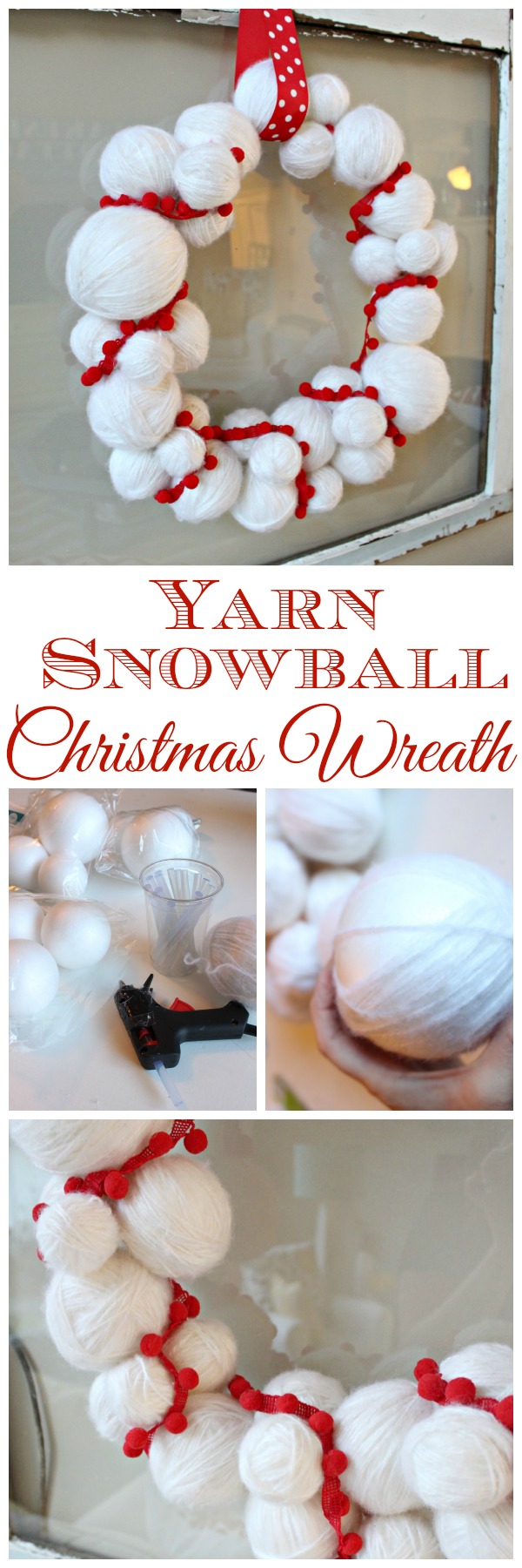 How to make a cheery red and white Yarn Snowball Christmas Wreath at The Happy Housie