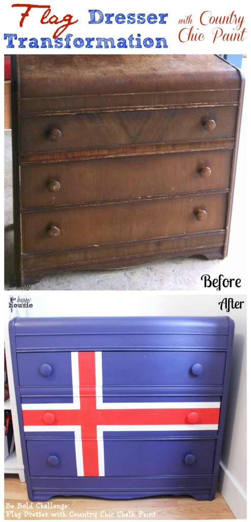 Flag Dresser Transformation with Country Chic Paint before and after graphic.
