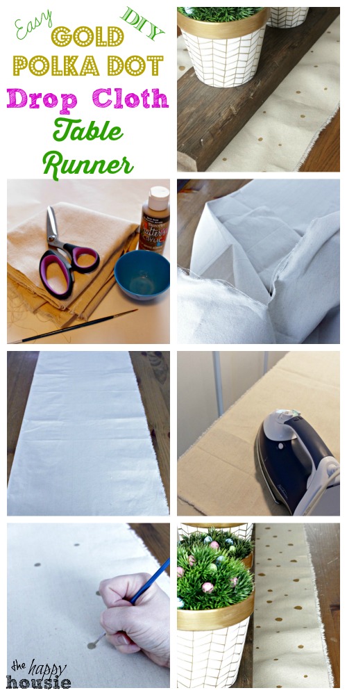 Easy DIY Gold Polka Dot Drop Cloth Table Runner at The Happy Housie.