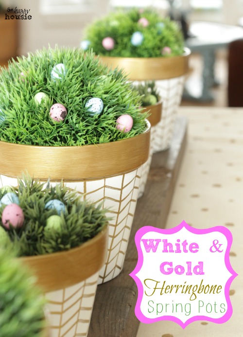 White and Gold Herringbone Spring Pots {Guest Post at Tatertots and Jello}