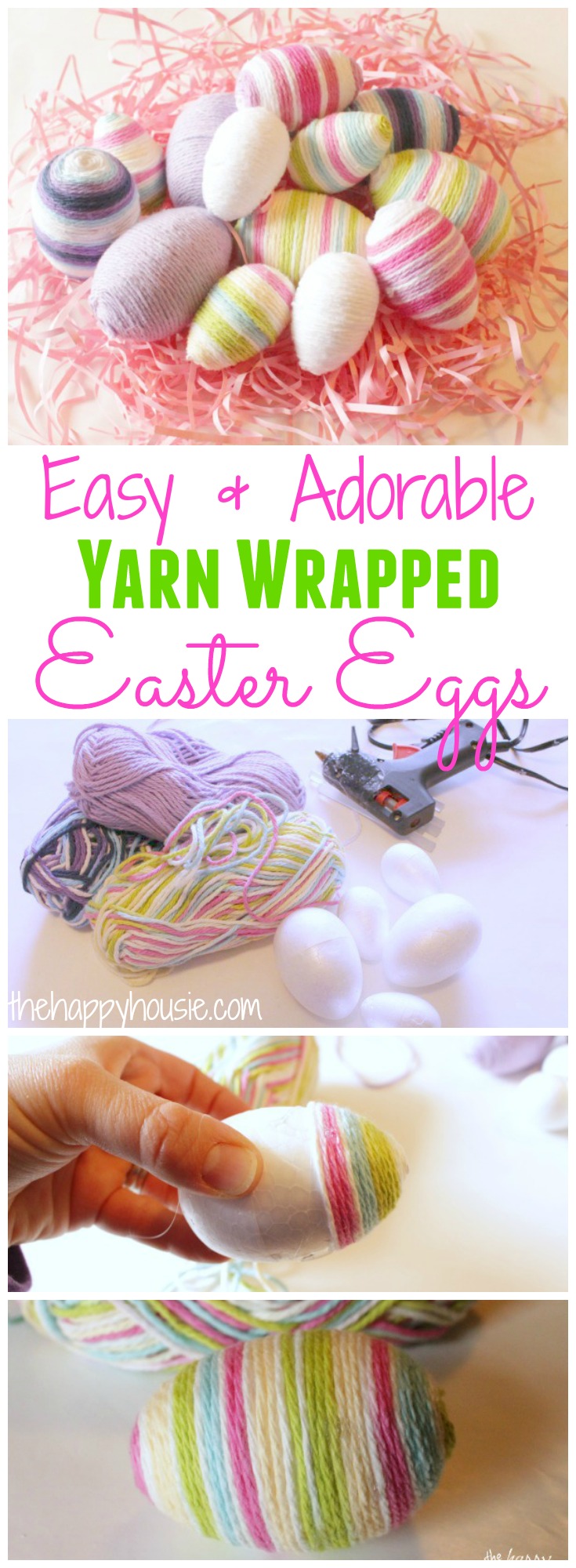 How to make your own Easy and Adorable Yarn Wrapped Easter Eggs at thehappyhousie.com