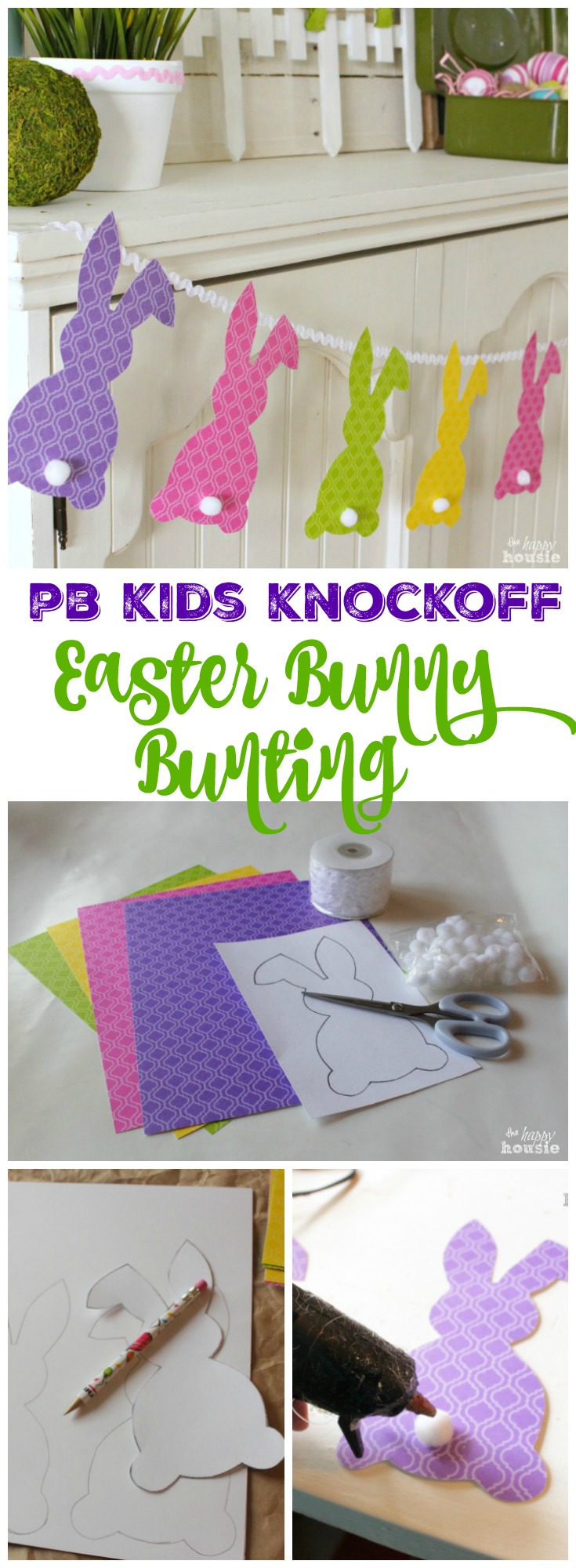 Make your own quick easy and adorable PB Kids Knockoff Easter Bunny Bunting tutorial graphic.