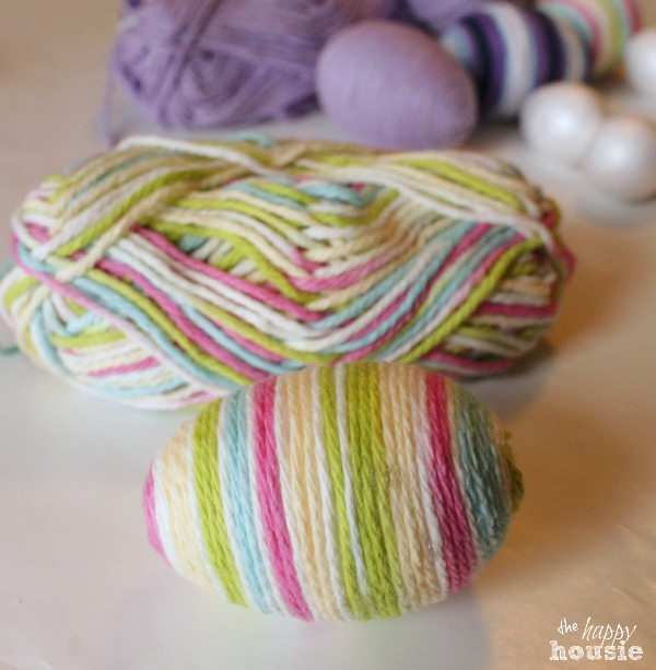 The egg all finished with its colorful wrapped yarn.
