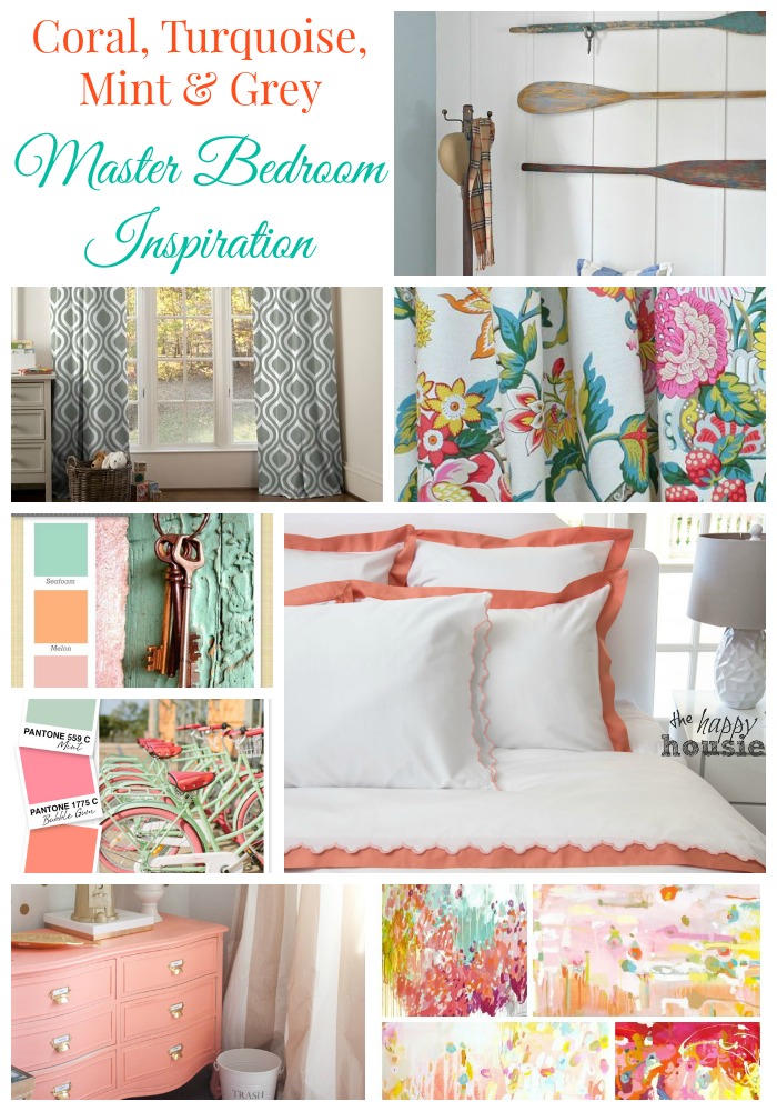 Coral Turqouise Mint and Grey Master Bedroom Inspiration.
