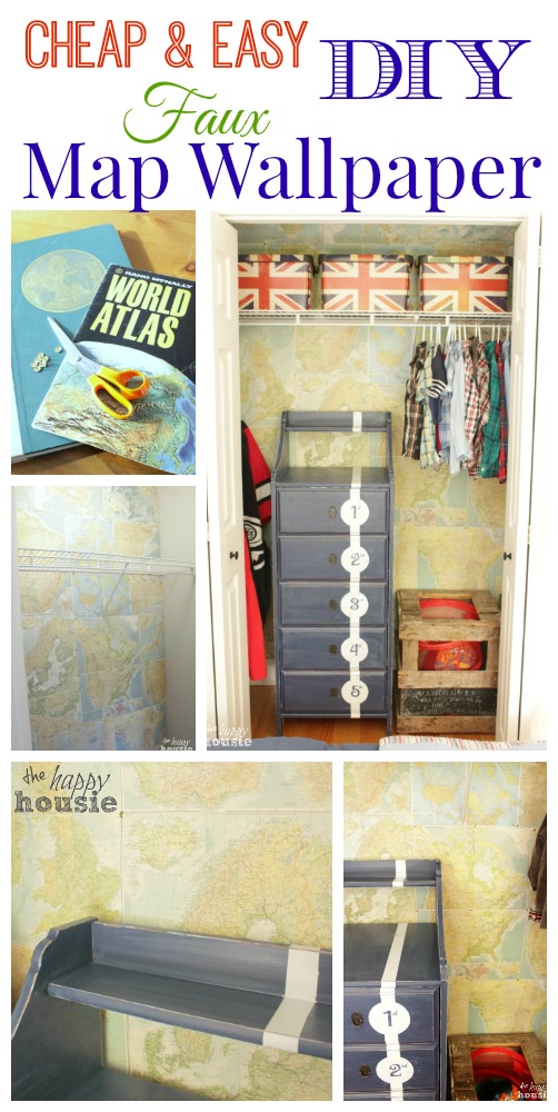 Dress up a wall or closet with cheap and easy DIY Faux Map Wallpaper poster.