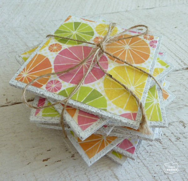 Easy DIY Cork Coasters with patterns in yellow, green and orange.