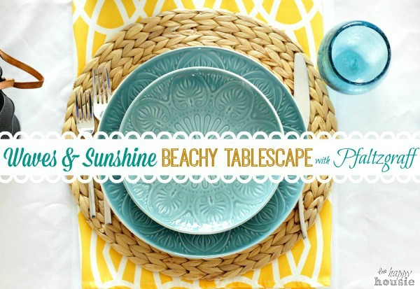 Waves & Sunshine Beachy Tablescape with Pfaltzgraff Dolce Turquoise graphic.