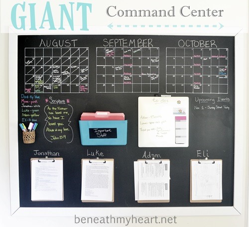 A large blackboard with a calendar, and clipboards.