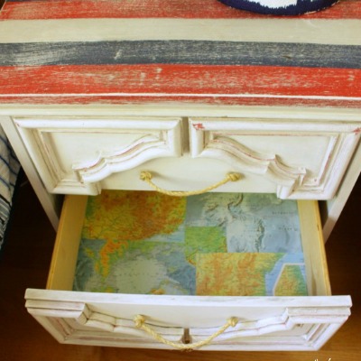 Faux Planked Top Nautical Nightstand Makeover {with Map Drawer Lining & DIY Sisal Rope Handles}