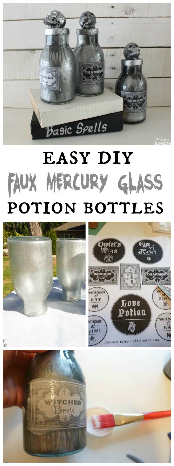 Easy DIY Faux Mercury Glass Potion Bottles poster.
