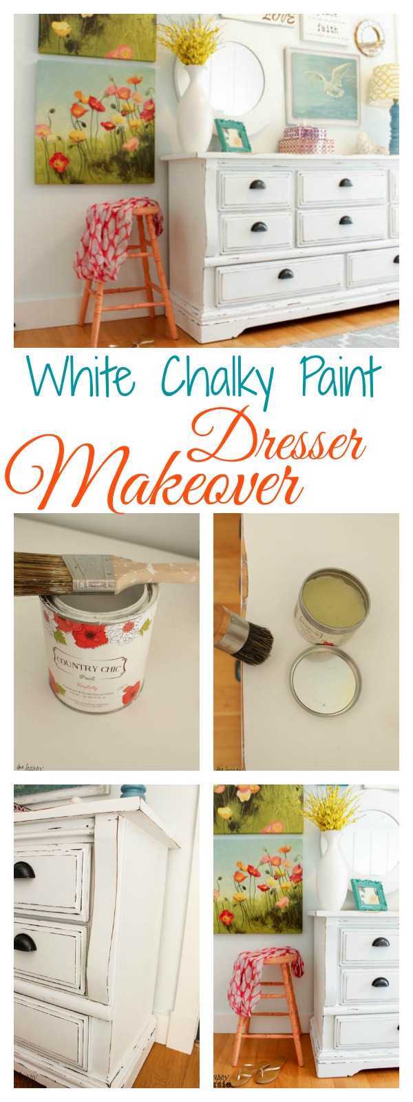 How to turn a dated old dresser into a beautiful statement piece with white chalky based paint poster.
