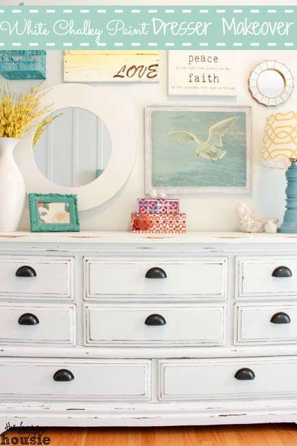 White Distressed Chalky Paint Dresser Makeover graphic.