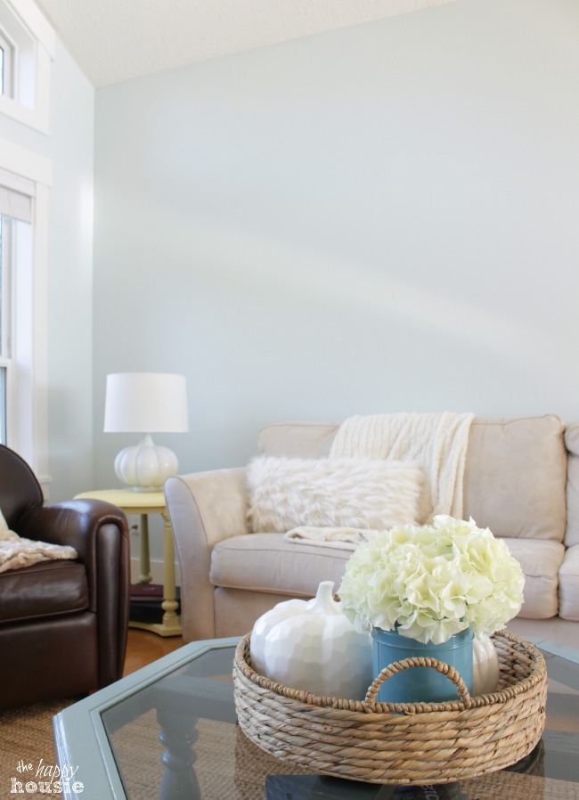 The living room painted a light blue with a neutral couch, and a coffee table with a wicker basket on it.