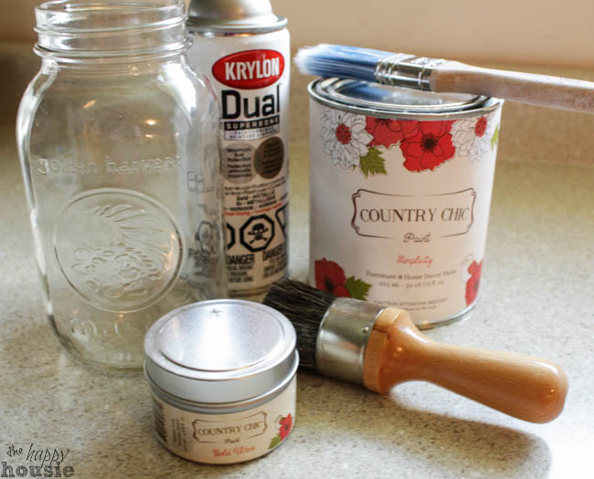 Country Chic paint with a paint brush, mason jar and Krylon.