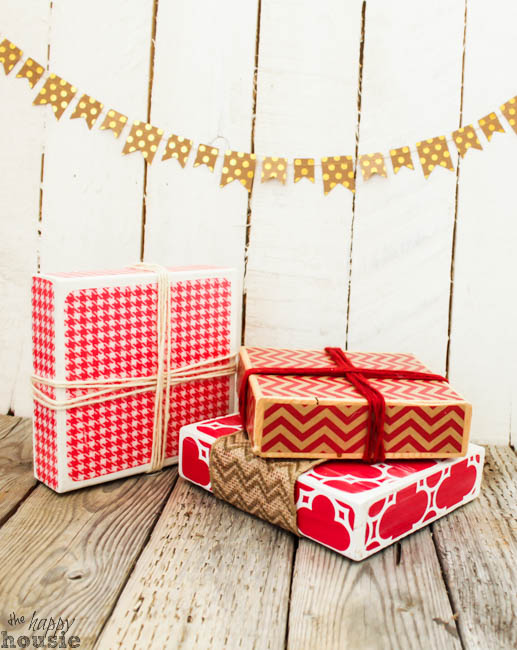 Faux Christmas Presents made from Wood Blocks in red and white.