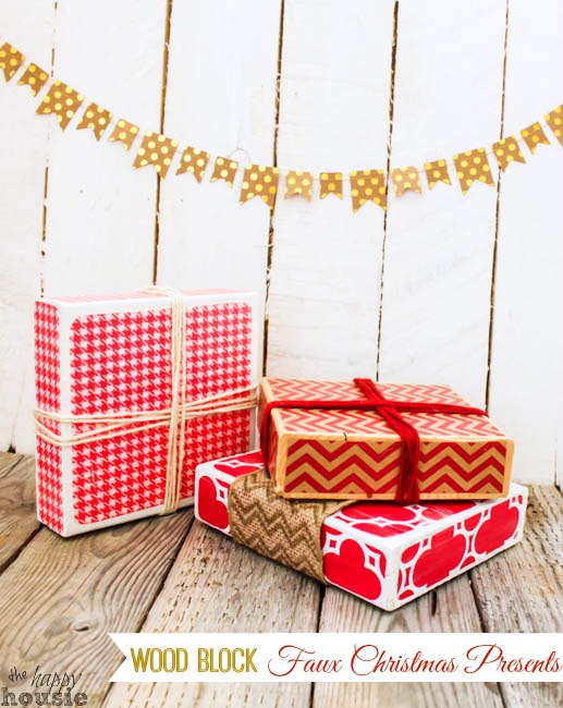 Faux Christmas Presents made from Wood Blocks tutorial graphic.
