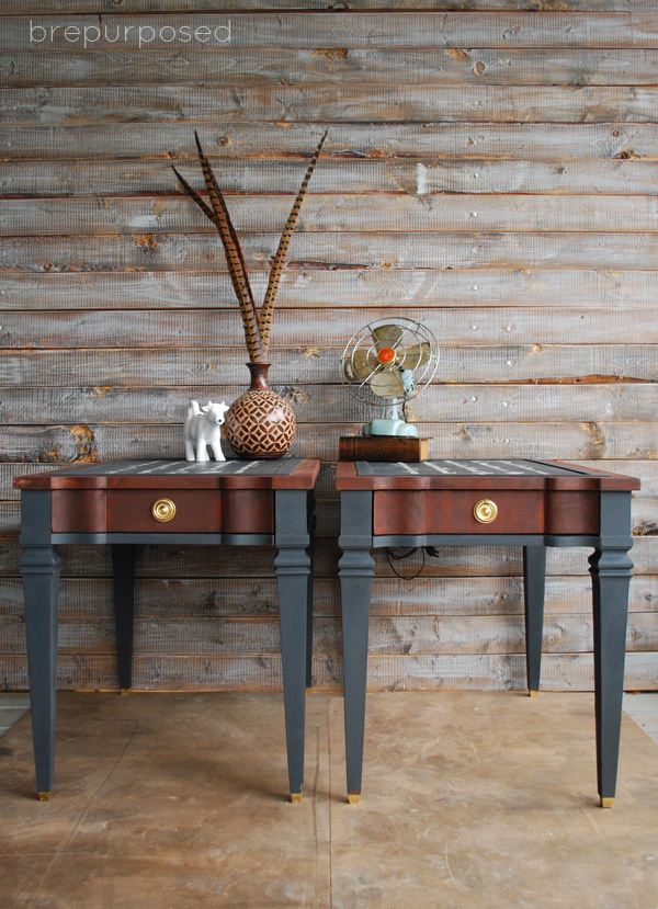 Two end tables with painted legs in a slate blue.
