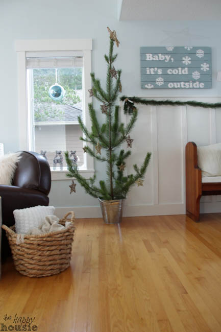 A sparse evergreen tree in a bucket in the living room