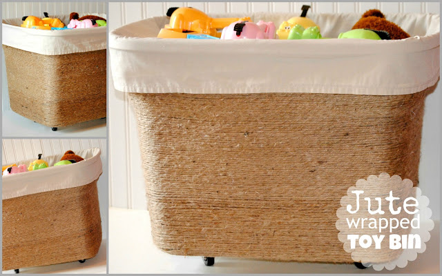 Jute Wrapped Toy Bin with plastic toys filled to the top.