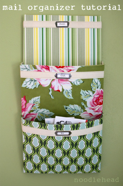 Mail Organizer in fabric hanging on the wall.