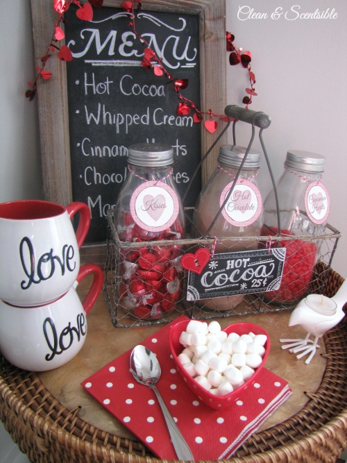 A hot cocoa bar set up for Valentine's Day.