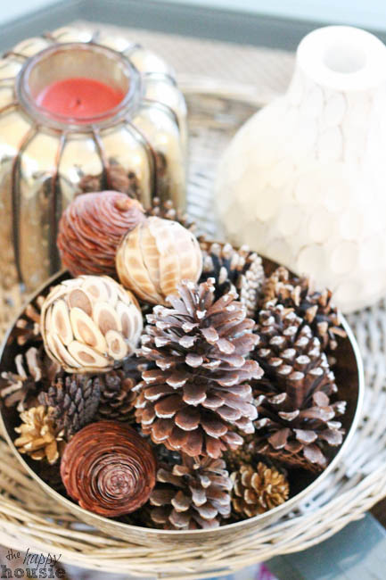 A tray is filled with pine cones and candles on the the table.