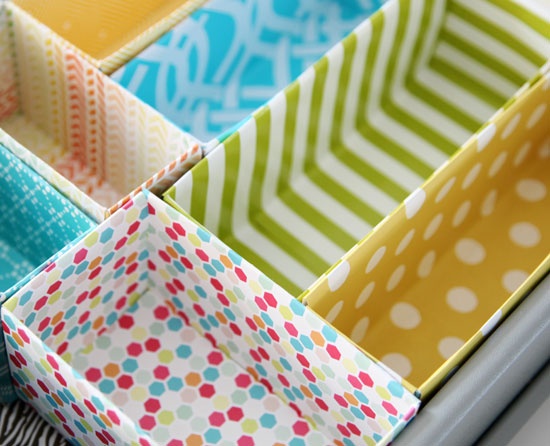 Cereal box drawer dividers in bold colors.
