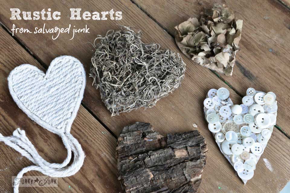 Rustic hearts on a wooden board.