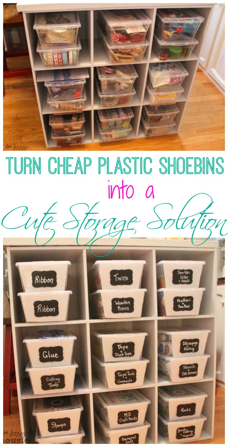 Turn cheap plastic shoebins into a cute storage solution at The Happy Housie poster.