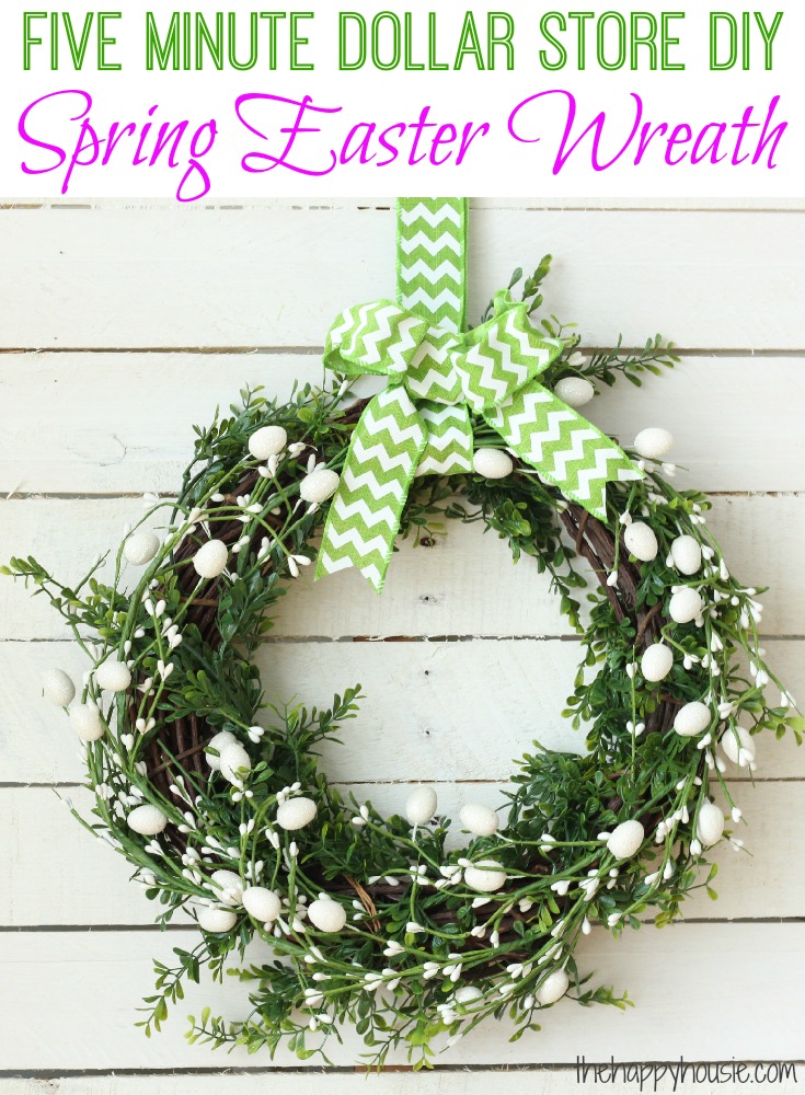 Five Minute Dollar Store DIY Spring Easter Wreath with green ribbon.