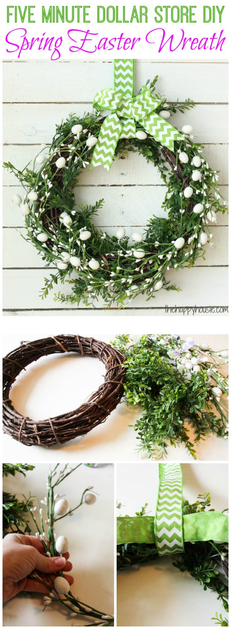 How to make your own Five Minute Dollar Store DIY Spring Easter Wreath at thehappyhousie.com