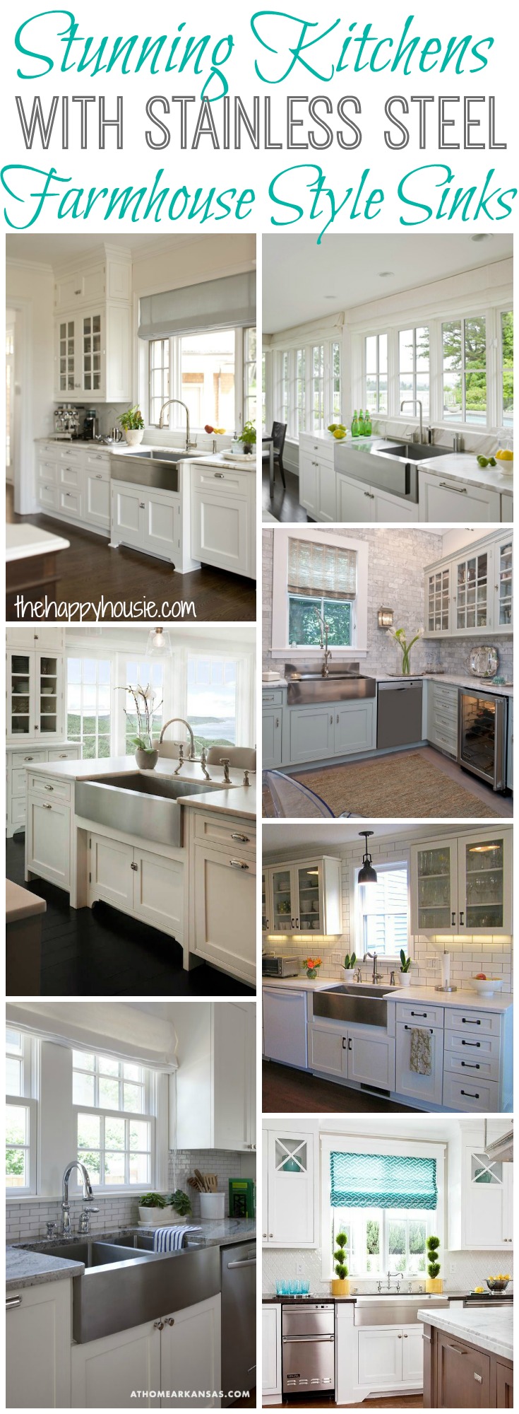 Stunning Kitchens with Stainless Steel Farmhouse Style Sinks at thehappyhousie.com graphic.