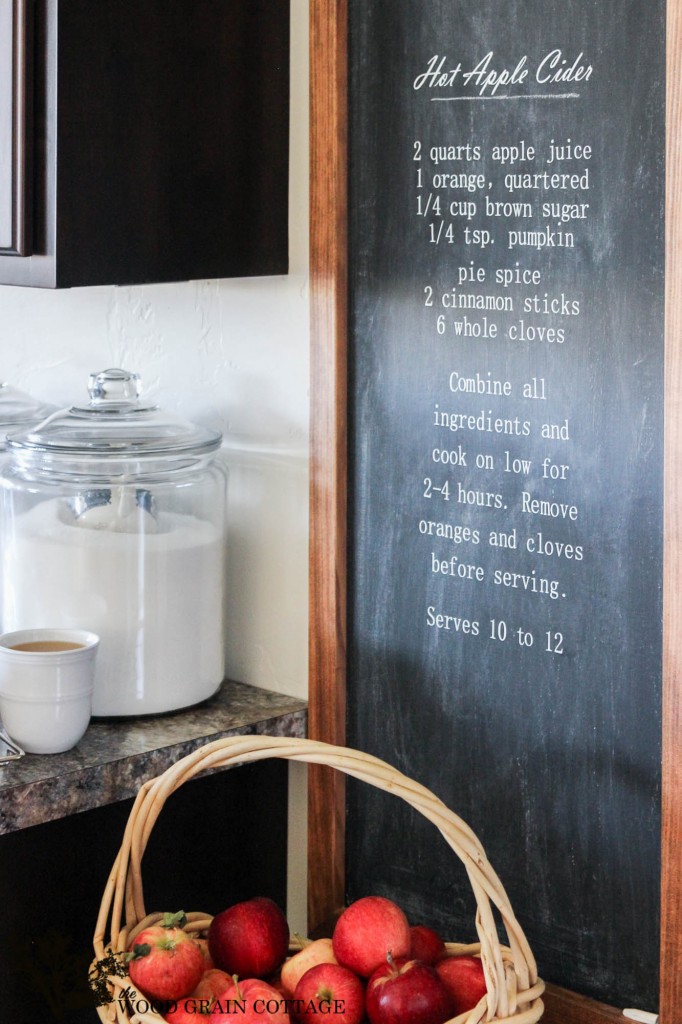 A Hot Apple Cider recipe on the chalkboard.