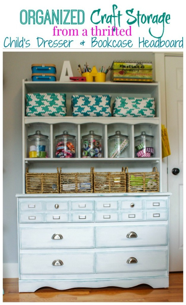 Organized Craft Storage from a thrifted child's dresser and bookcase headboard at thehappyhousie.com