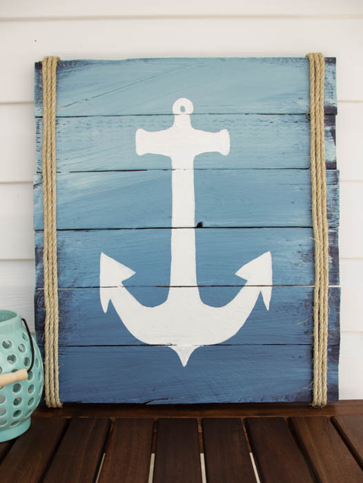 The completed DIY anchor sign on the dock.