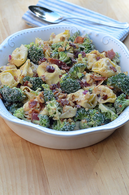 Tortellini broccoli salad in a bowl on the table.